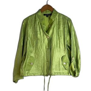 Linear Green Button Front Lightweight Satiny Drawstring Waist Top Size PL